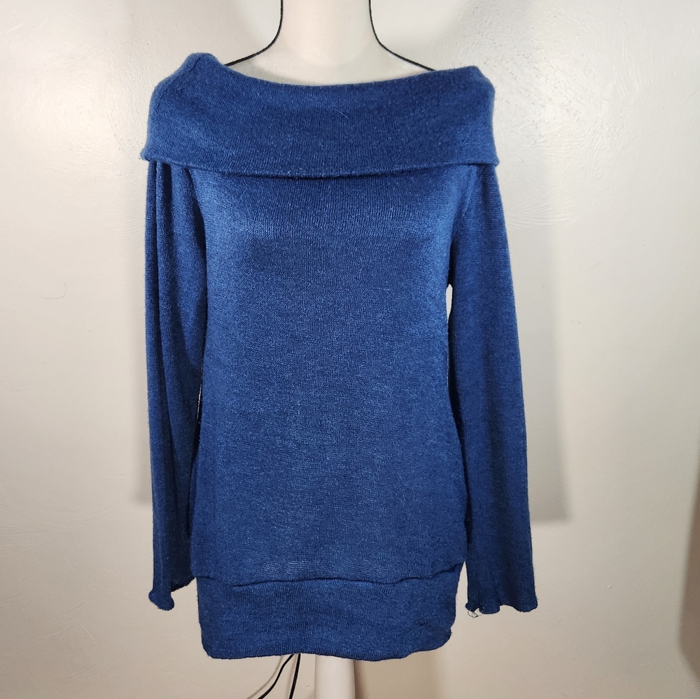 Shiney blue Off the shoulder Cowl neck size Small or Medium lightweight sweater
